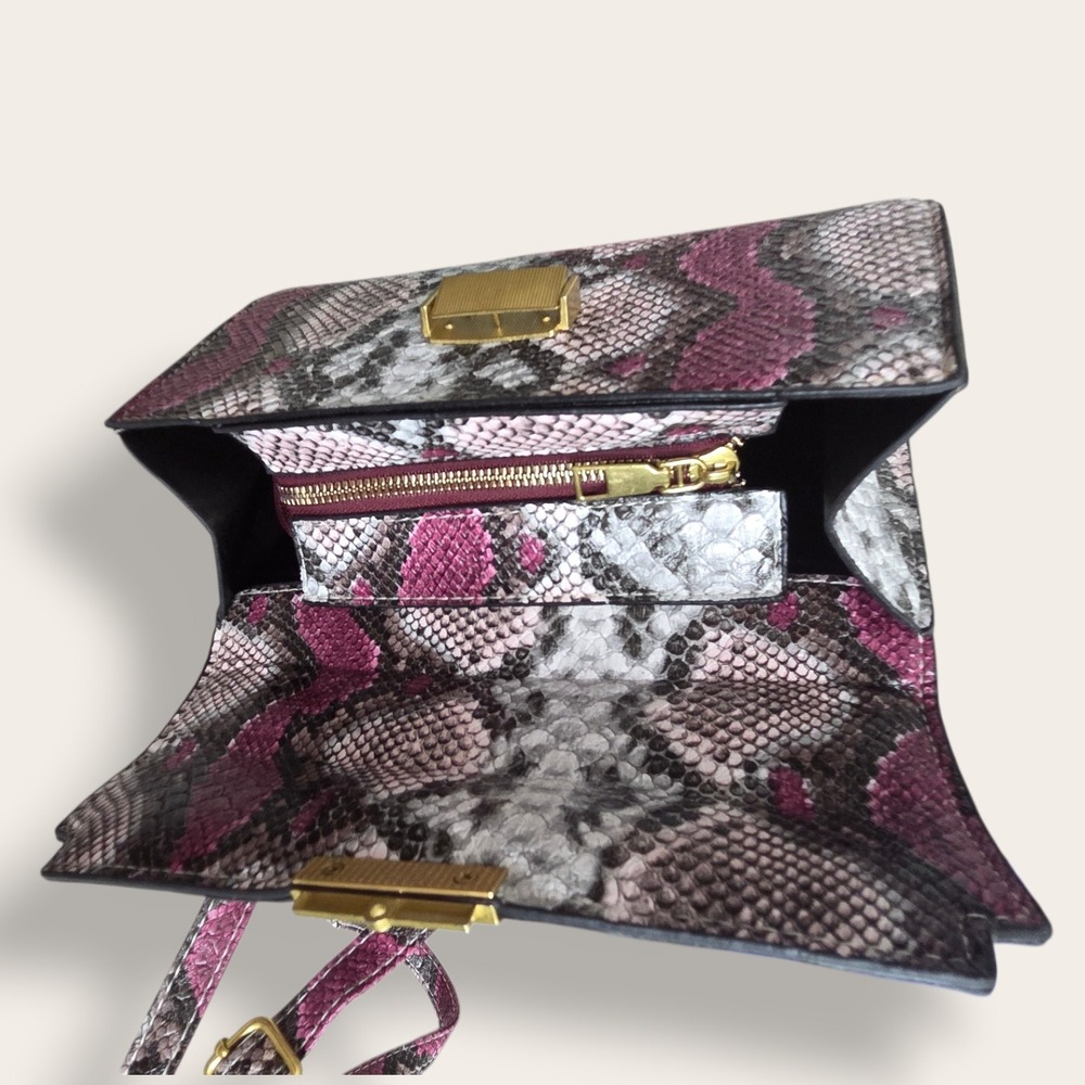 Snakeskin Print Crossbody Bag Purple Grey Faux Leather Gold Hardware Satchel - Picture 10 of 10